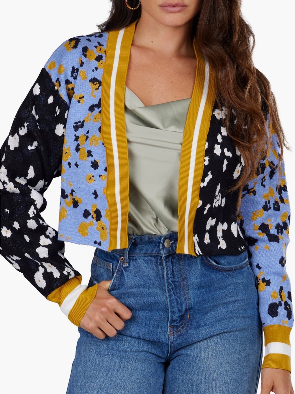 SAACHI Blue Black Gold Floral Colorblock Cropped Cardigan One size Crop style